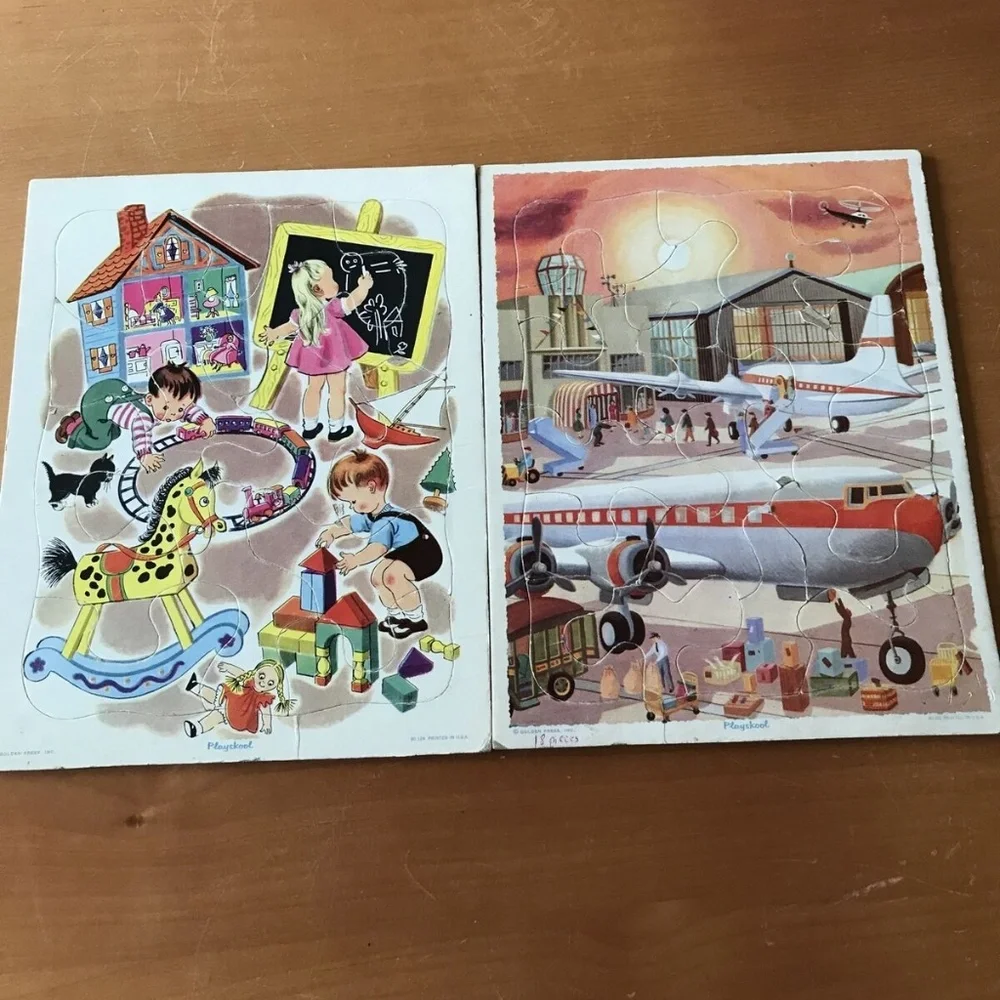 Vtg lot of 2 Playskool Golden Press Puzzles - 80-2D & 80-12A, complete.